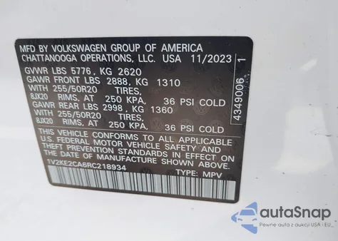 2024 Volkswagen Atlas Cross Sport 2.0T Se W/Technology from USA, damaged, VIN 1V2KE2CA6RC218934